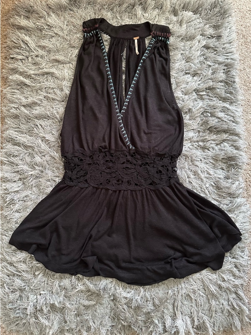 Free People Black Megan Embroidered Crochet Waist Peplum Tank - Picture 3 of 4
